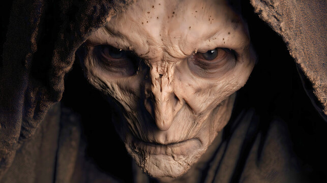 Ghoul hiding beneath a dark hood, featuring pale, deeply wrinkled skin and sinister eyes, mythical flesh-eating monster from Arabian desert folklore.