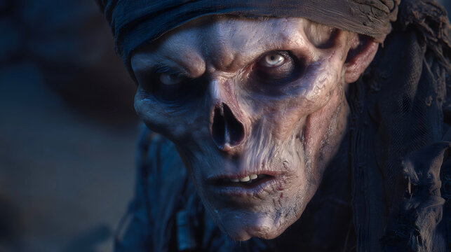 Undead ghoul with sunken features and pale eyes, wrapped in tattered dark desert rags, dark fantasy and Arabian mythology concept.