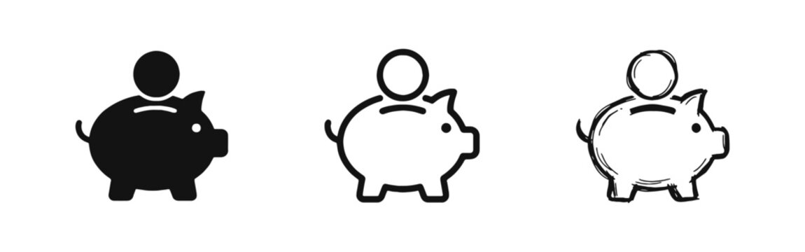 Piggy Bank and Coin Savings Icon Set in Three Different Styles