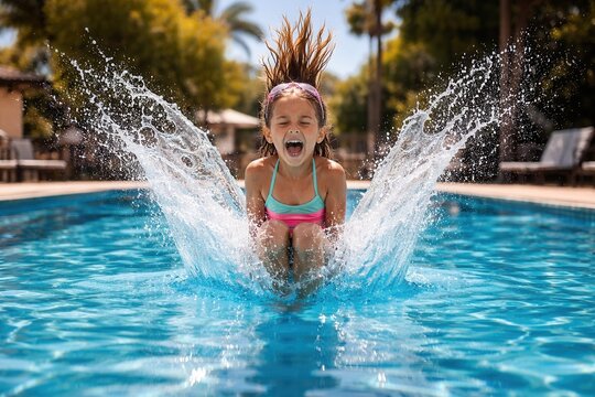 Happy child jumping into swimming pool with big splash water summer fun vacation moment