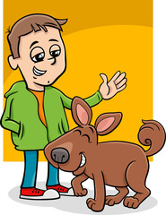 Obraz premium cute funny cartoon boy character with his pet dog