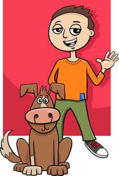 funny cartoon teen boy character with his pet dog