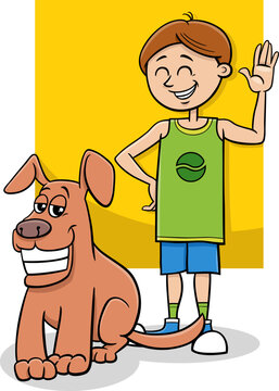 funny cartoon boy character with his brown dog