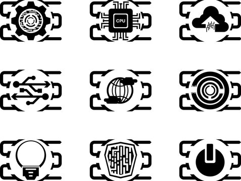 Minimal Black Technology Icons Set with AI Cyber Security and Cloud Network