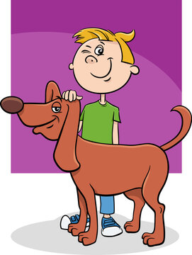 funny cartoon boy character with his pet dog