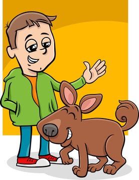 cute funny cartoon boy character with his pet dog