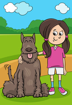 teen girl with brown shaggy dog cartoon illustration