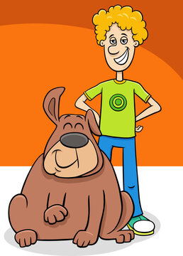 funny cartoon teen boy character with his pet dog