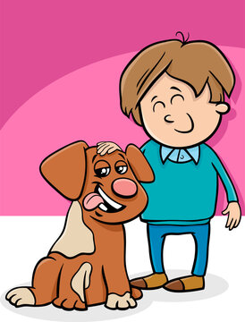 funny cartoon little boy character with his dog