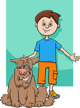 funny cartoon boy character with his shaggy dog