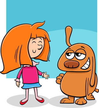 cute little girl with her funny dog cartoon illustration