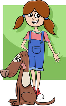 cute cartoon teen girl with spotted dog character