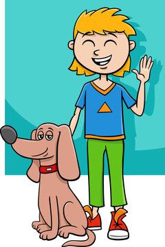 happy cartoon boy character with his pet dog