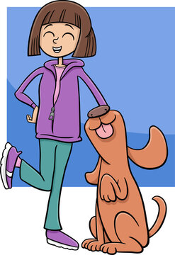 happy cartoon teen girl with funny dog character