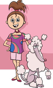 cartoon happy teen girl with white poodle dog character