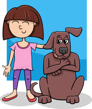 funny cartoon teen girl with brown dog character