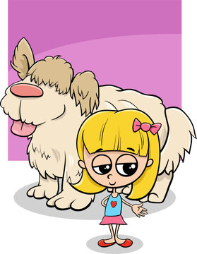 cartoon little girl with big beige shaggy dog character