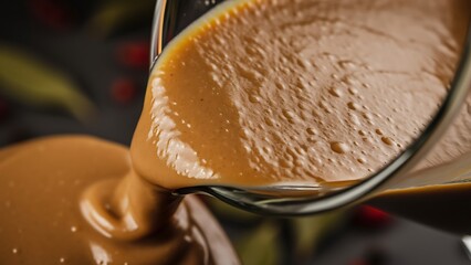 Fototapeta premium Pouring caramel sauce from a glass bowl, golden brown liquid