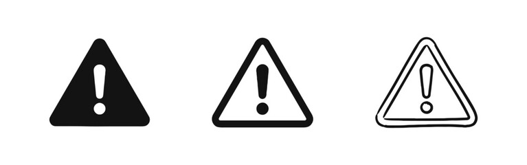 Warning sign exclamation mark icons in different artistic styles for alert notification © drawing lines