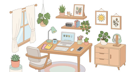 Obraz premium Aesthetic Home Office Interior Desk Workspace Flat Vector Illustration with Plants for Study and Remote Work