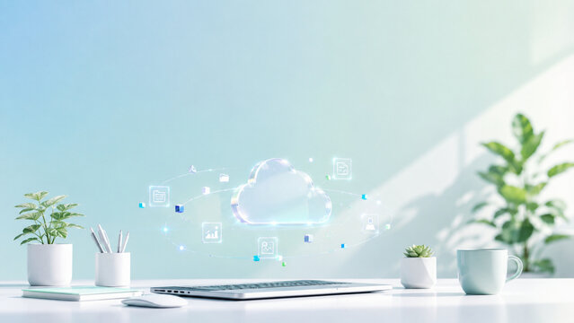 Floating digital cloud above laptop in bright modern workspace