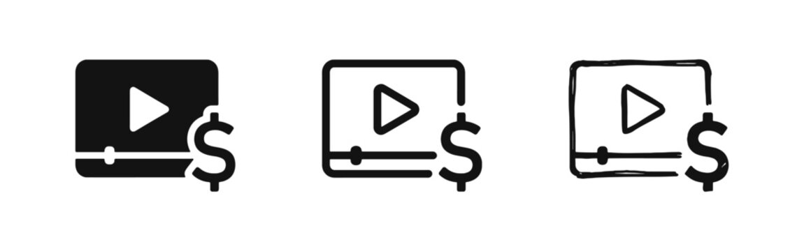 Video player with dollar sign icons for monetization and digital marketing concepts