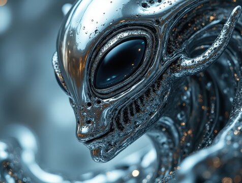 Liquid metal alien head with black eyes showing futuristic evolution