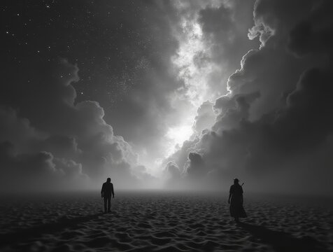 People walking across desert landscape under dramatic sky