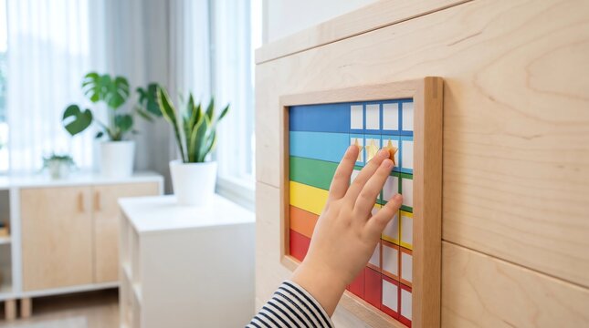 Child hand adding gold star sticker to colorful behavior chart on classroom wall for autism and ADHD positive reinforcement

