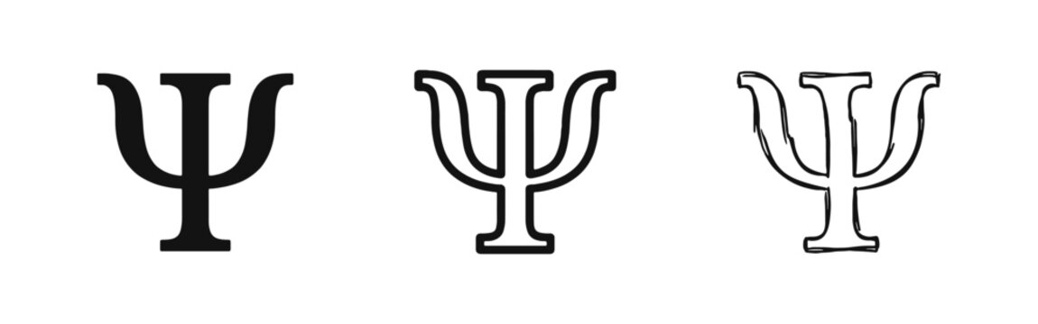 Psychology psi symbol icons in solid outline and hand drawn artistic styles