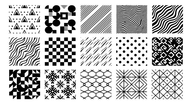 Minimal black and white geometric seamless pattern collection with modern abstract vector backgrounds