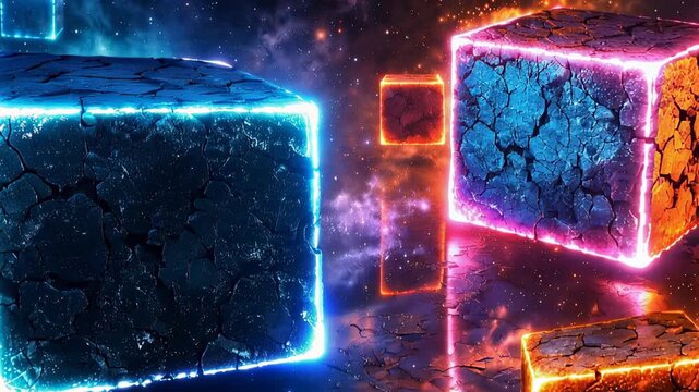 Glowing futuristic neon cubes with cracked texture in abstract sci fi digital background scene