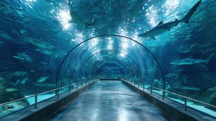 Fototapeta premium Underwater aquarium tunnel with sharks swimming above glass walkway in deep blue ocean environment