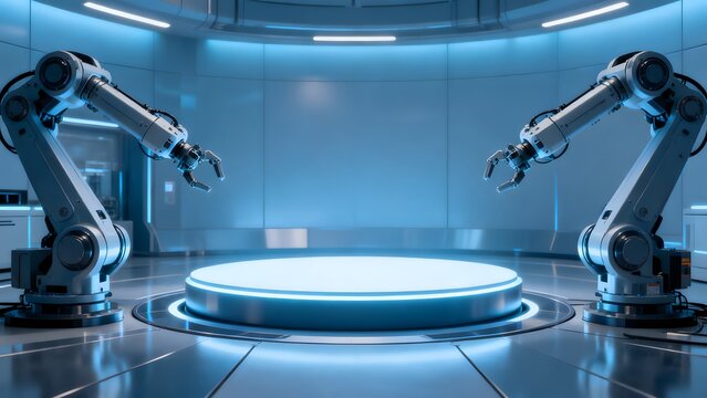 Two robotic arms in a futuristic lab