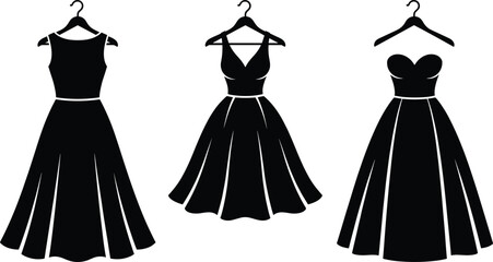 Elegant Black Evening Dress Icon Set with Hanger, Gown, and Formal Styles for Fashion, Wedding, Boutique, and Clothing Brand Designs © mdnazrul