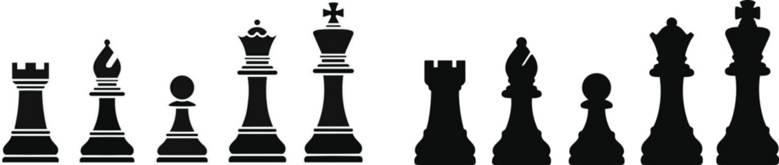 Classic Chess Pieces Icon Set with King, Queen, Rook, Bishop, Knight, and Pawn Silhouettes for Board Game, Strategy, and Sport Designs © mdnazrul