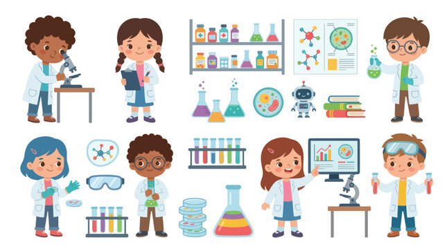 Children Scientists  Lab Equipment Flat Vector Illustration Set for Kids STEM Education