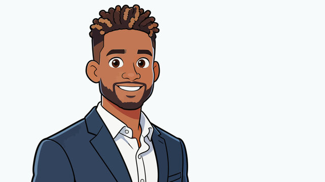 This is a cartoon style headshot portrait of a smiling adult Black man wearing a navy blazer and white dress shirt against a plain white background.