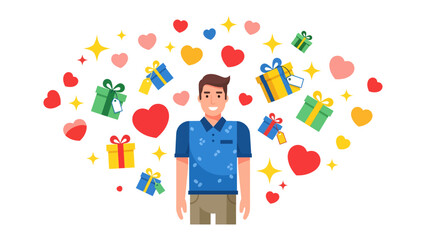 Gift of Affection: A happy man stands amidst a cascade of hearts, stars, and gift boxes, conveying sentiments of love, care, and the pleasure of giving. © abidakhatun