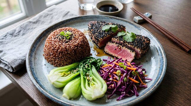 Sesame Crusted Ahi Tuna with Red Rice, Bok Choy, and Purple Cabbage Slaw