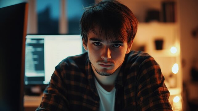 Focused coder working late at night on computer programming with serious look