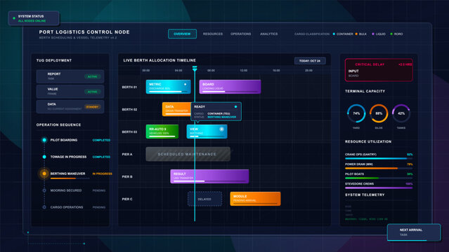 Futuristic port logistics dashboard with berth allocation timeline, tug deployment sequence, terminal capacity gauges, delay alert, and resource bars