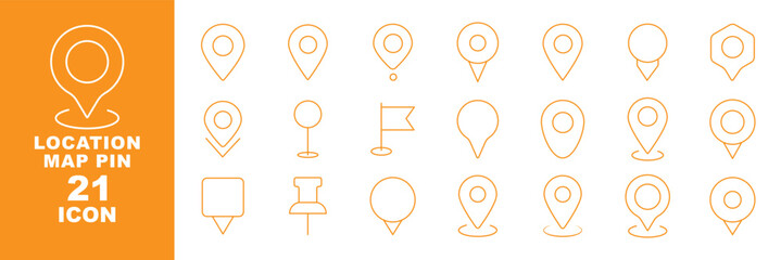 Map and location line icon set. Vector pictograms of navigation pins, routes, paths, destinations, and a map with flag, thin linear illustration. Search Location icon. Map marker icons. © Hike Studio 2