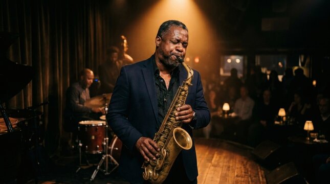 Emotional Male Saxophonist Performing on Dimly Lit Jazz Club Stage