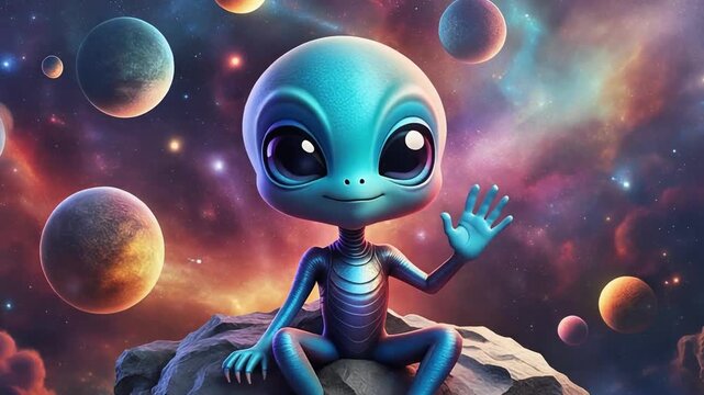 Cute Alien Sitting on Asteroid in Deep Space Galaxy 4K Animation Clip