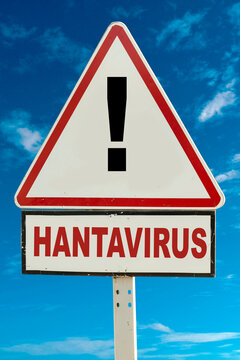 Hantavirus Warning Sign With Exclamation Mark On Triangular Road Sign Against Blue Sky