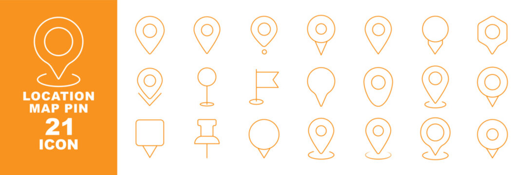 Map and location line icon set. Vector pictograms of navigation pins, routes, paths, destinations, and a map with flag, thin linear illustration. Search Location icon. Map marker icons.