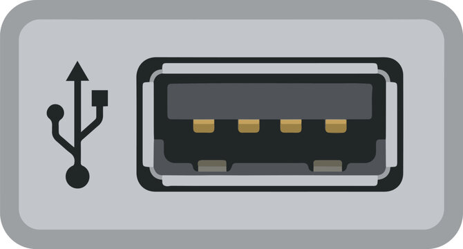 USB port icon illustration with a gray background, representing a universal serial bus connection interface commonly used for data transfer and charging devices.