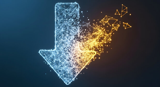 Abstract glowing digital arrow pointing down with data particles.
