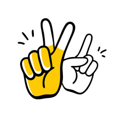 Obraz premium Vector illustration in hand drawn doodle style, mascot and character hands and gestures, positive vibe stickers and overlays, ok and agreement, victory and peace sign, pointing finger white background